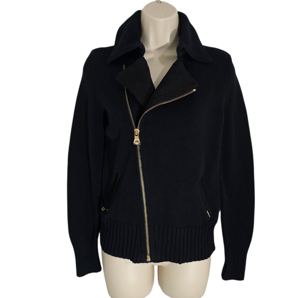 Lauren‎ Ralph Lauren Women Black Asymmetrical Zip Collar Sweater Size S